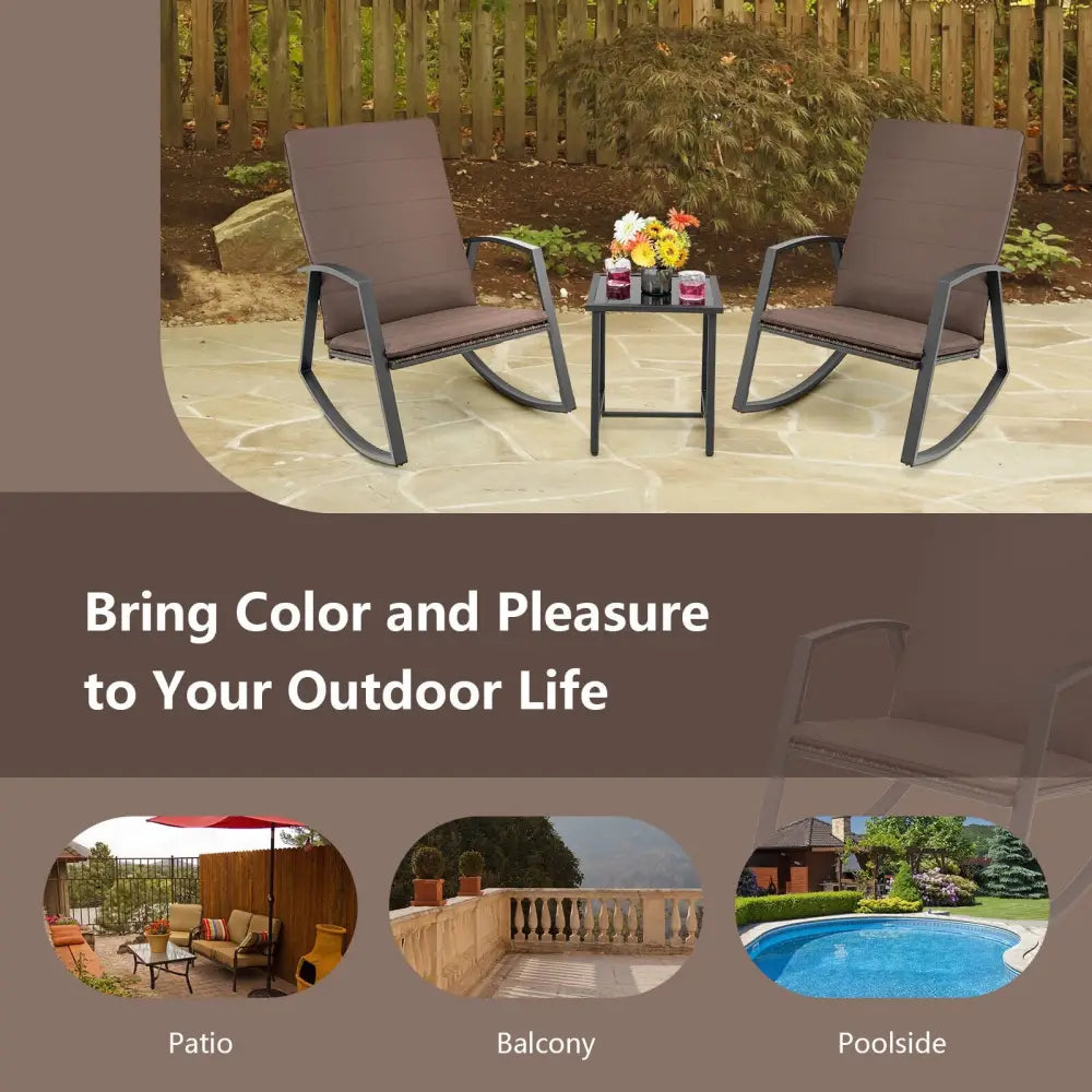 3 Pieces Patio Rattan Rocking Furniture Set-Brown - Brown - Patio Conversation Sets