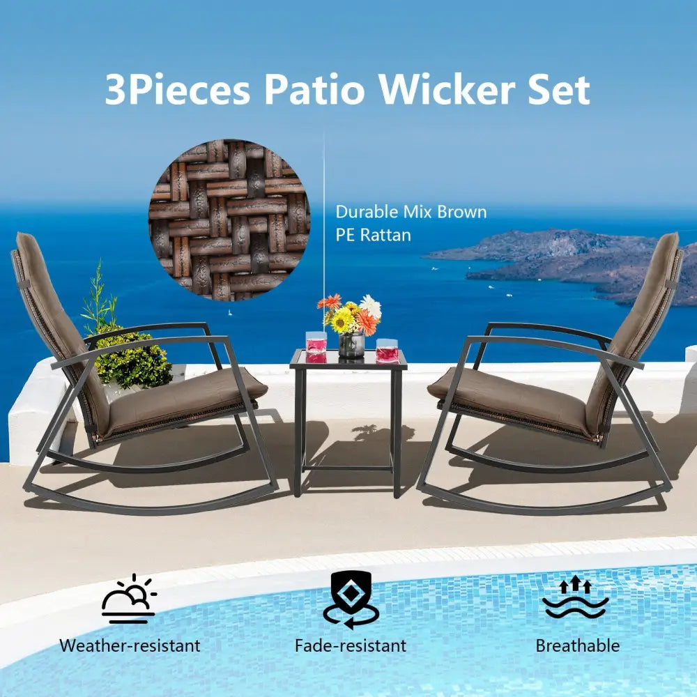 3 Pieces Patio Rattan Rocking Furniture Set-Brown - Brown - Patio Conversation Sets