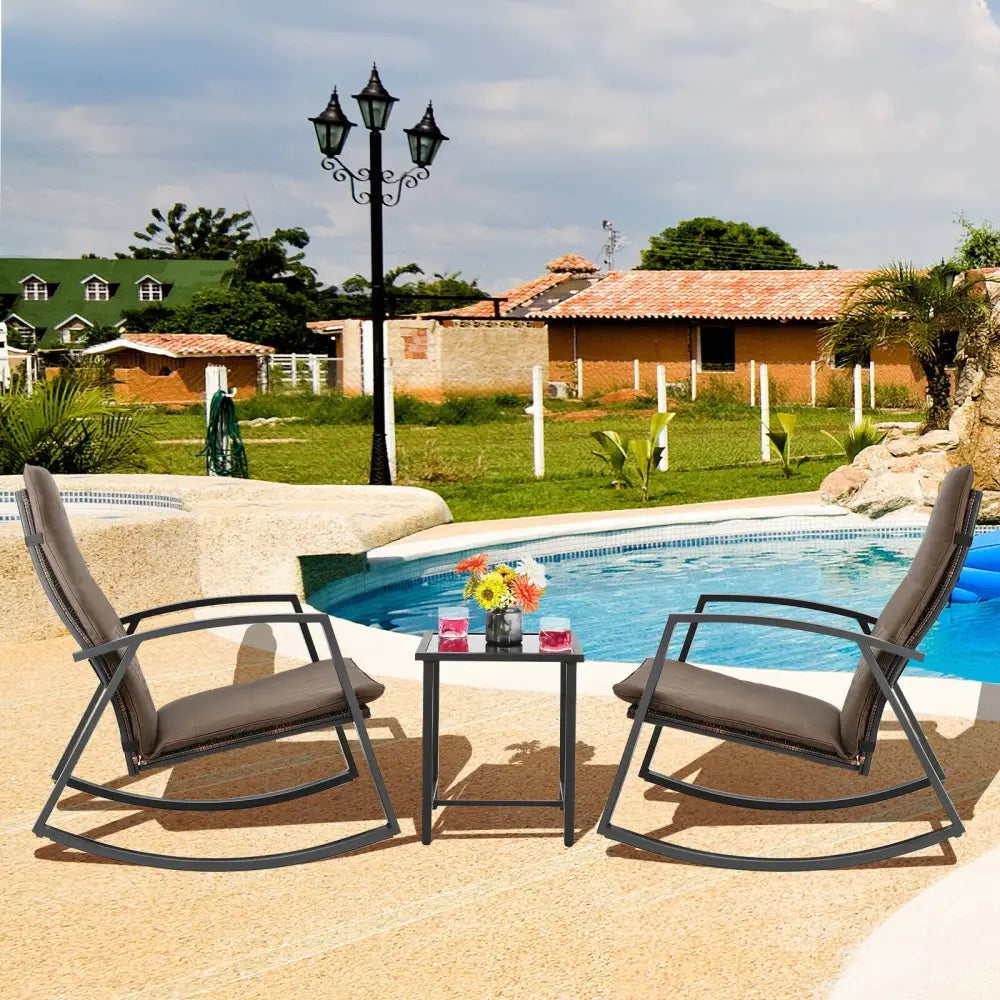 3 Pieces Patio Rattan Rocking Furniture Set-Brown - Brown - Patio Conversation Sets