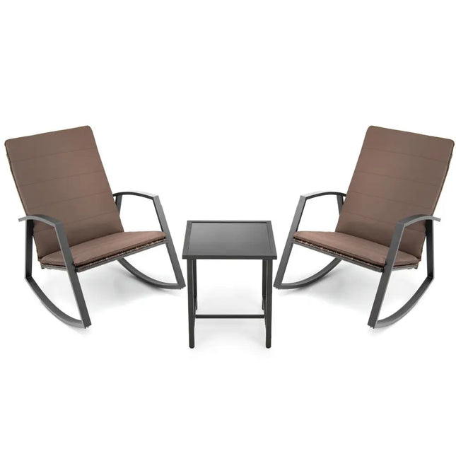 3 Pieces Patio Rattan Rocking Furniture Set-Brown - Brown - Patio Conversation Sets