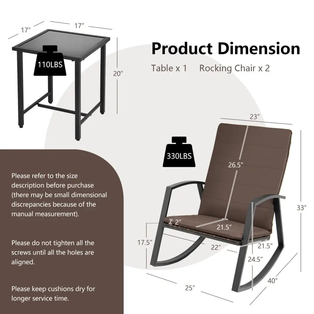3 Pieces Patio Rattan Rocking Furniture Set-Brown - Brown - Patio Conversation Sets