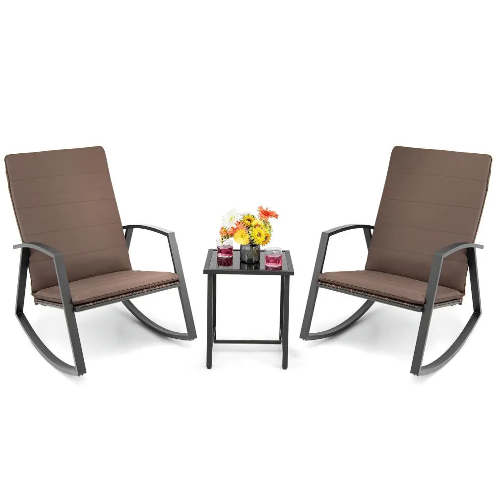 3 Pieces Patio Rattan Rocking Furniture Set-Brown - Brown - Patio Conversation Sets