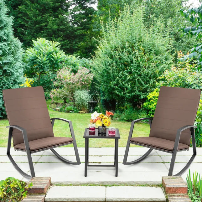 3 Pieces Patio Rattan Rocking Furniture Set-Brown - Brown - Patio Conversation Sets