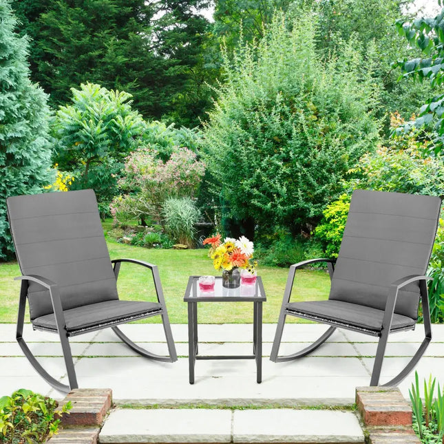 3 Pieces Patio Rattan Rocking Furniture Set-Gray - Gray - Patio Conversation Sets