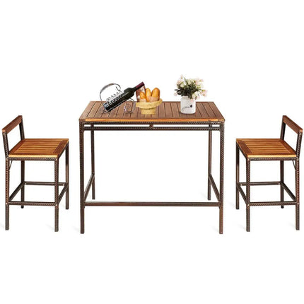 3 Pieces Patio Rattan Wicker Bar Dining Furniture Set - Natural - Patio Bar Furniture