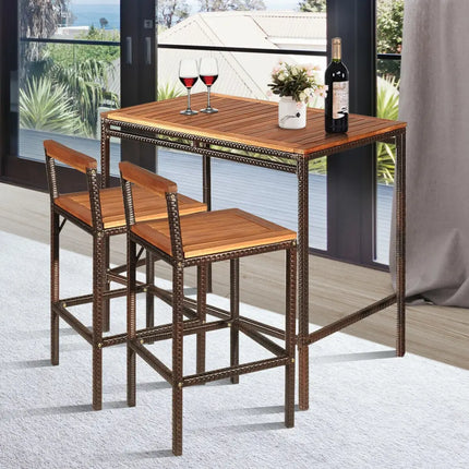 3 Pieces Patio Rattan Wicker Bar Dining Furniture Set - Natural - Patio Bar Furniture