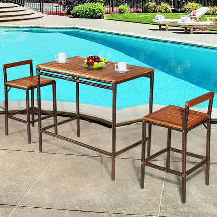 3 Pieces Patio Rattan Wicker Bar Dining Furniture Set - Natural - Patio Bar Furniture