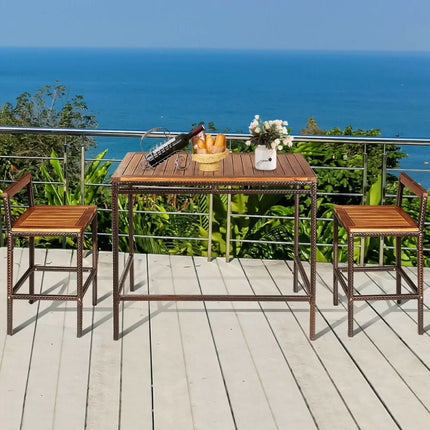 3 Pieces Patio Rattan Wicker Bar Dining Furniture Set - Natural - Patio Bar Furniture