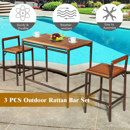 3 Pieces Patio Rattan Wicker Bar Dining Furniture Set - Natural - Patio Bar Furniture