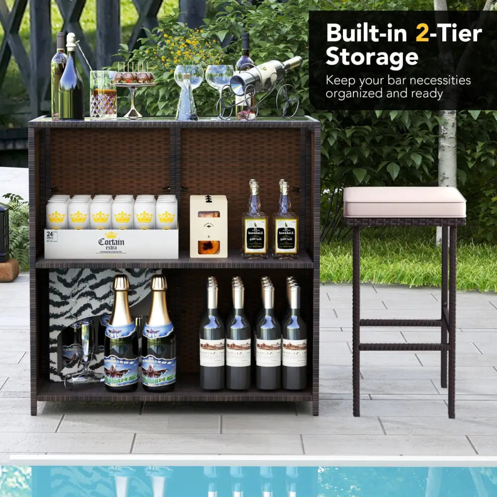 3 Pieces Patio Rattan Wicker Bar Table Stools Dining Set - Beige - Patio Bar Furniture