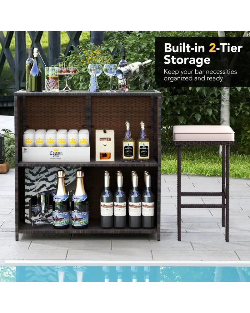 3 Pieces Patio Rattan Wicker Bar Table Stools Dining Set - Beige - Patio Bar Furniture