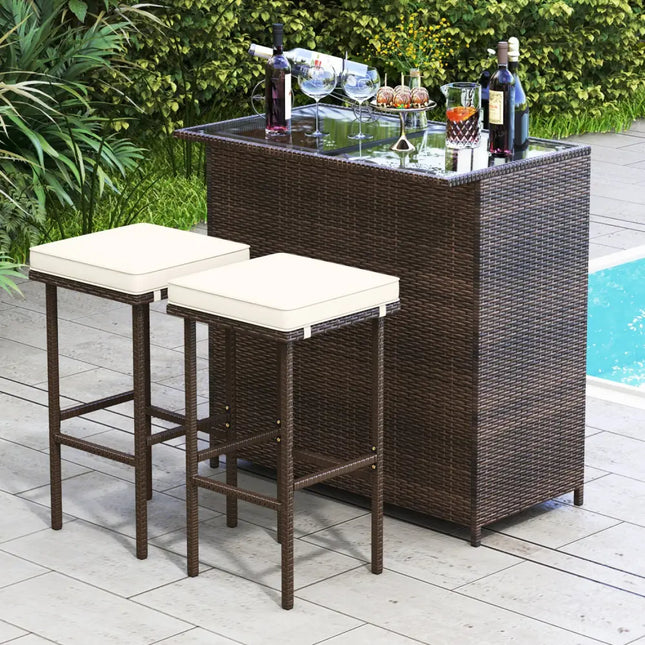 3 Pieces Patio Rattan Wicker Bar Table Stools Dining Set - Beige - Patio Bar Furniture