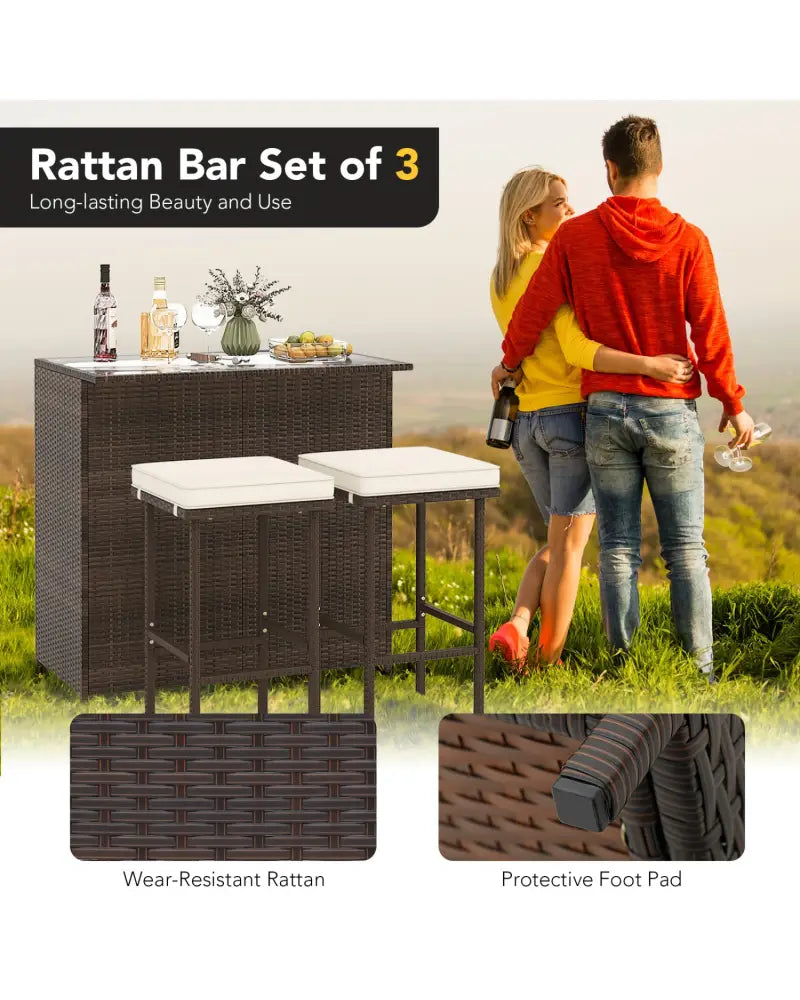 3 Pieces Patio Rattan Wicker Bar Table Stools Dining Set - Beige - Patio Bar Furniture