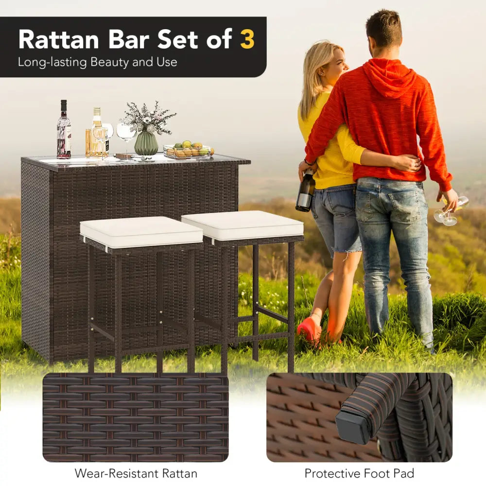 3 Pieces Patio Rattan Wicker Bar Table Stools Dining Set - Beige - Patio Bar Furniture