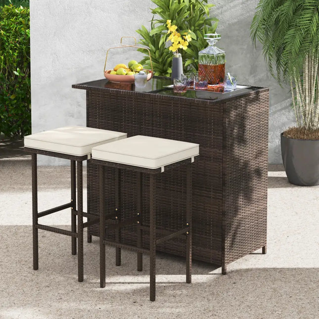 3 Pieces Patio Rattan Wicker Bar Table Stools Dining Set - Beige - Patio Bar Furniture