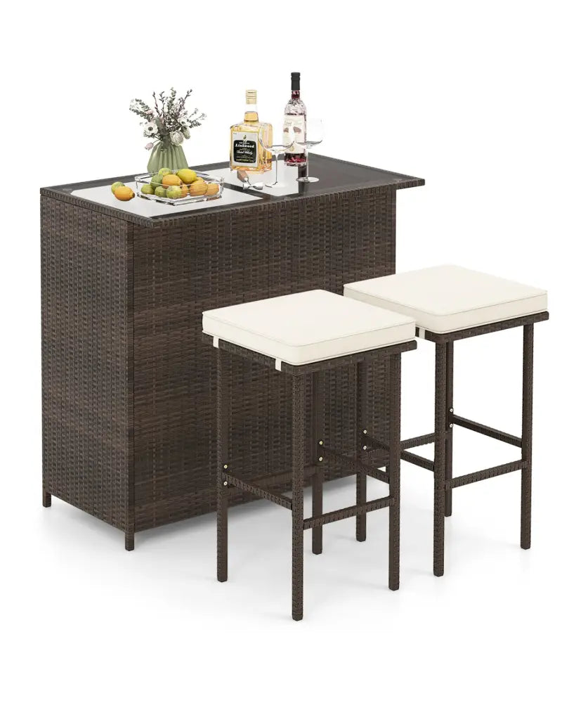 3 Pieces Patio Rattan Wicker Bar Table Stools Dining Set - Beige - Patio Bar Furniture