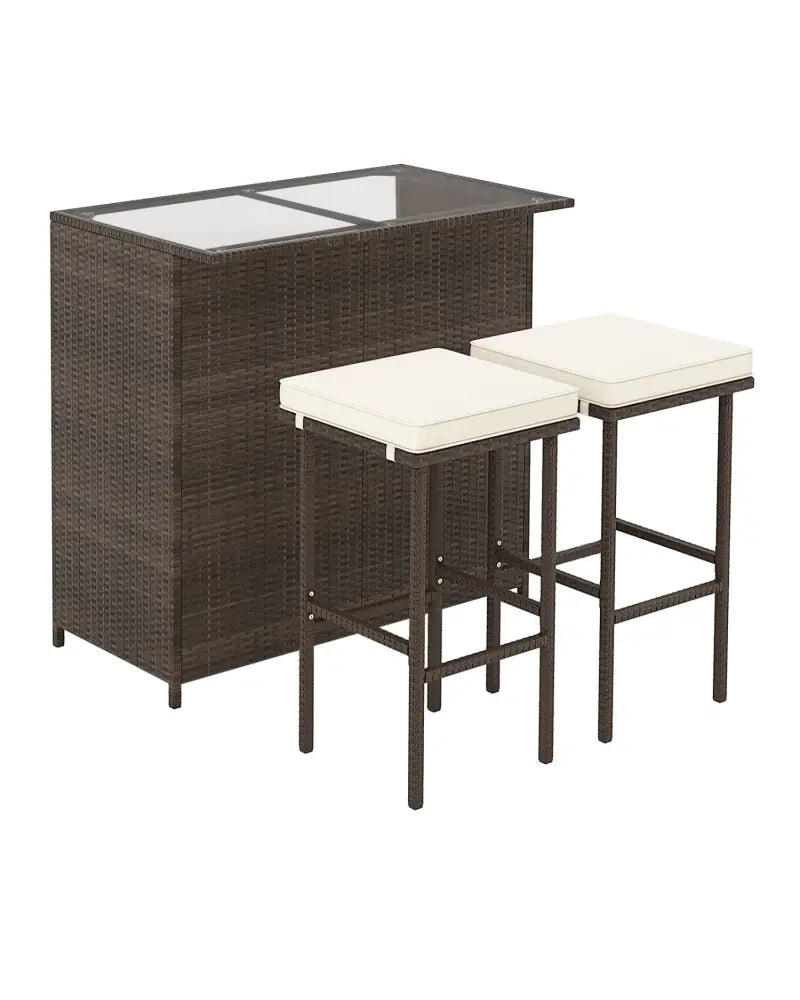 3 Pieces Patio Rattan Wicker Bar Table Stools Dining Set - Beige - Patio Bar Furniture