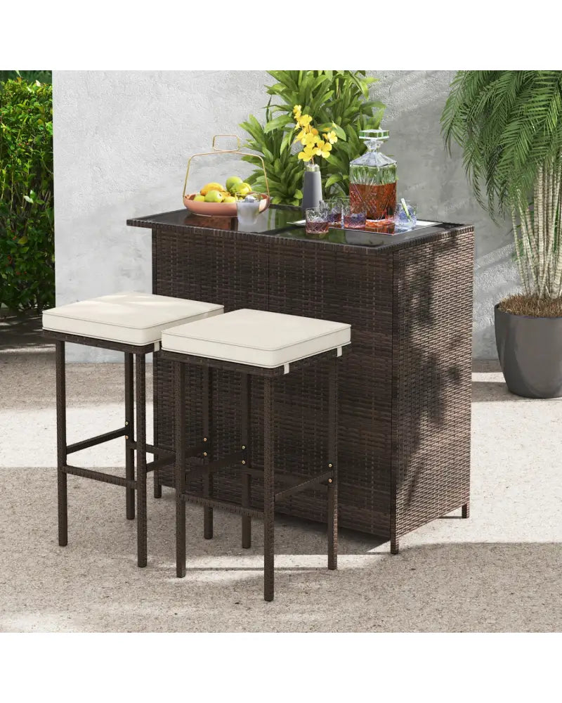 3 Pieces Patio Rattan Wicker Bar Table Stools Dining Set - Beige - Patio Bar Furniture