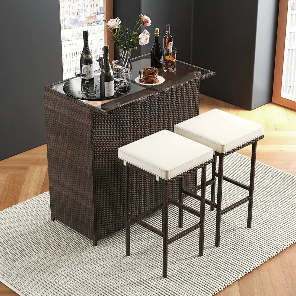 3 Pieces Patio Rattan Wicker Bar Table Stools Dining Set - Beige - Patio Bar Furniture
