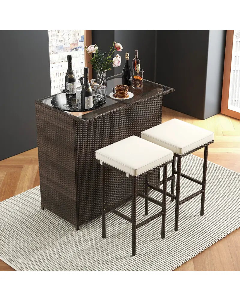 3 Pieces Patio Rattan Wicker Bar Table Stools Dining Set - Beige - Patio Bar Furniture