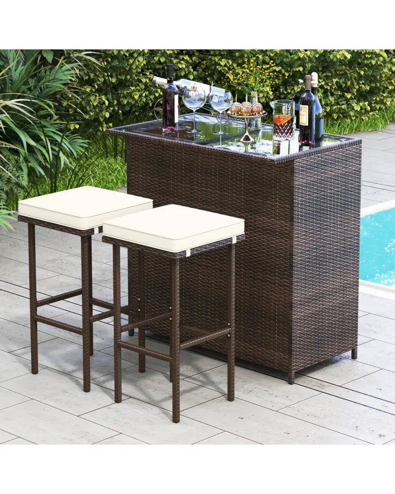 3 Pieces Patio Rattan Wicker Bar Table Stools Dining Set - Beige - Patio Bar Furniture
