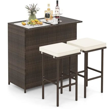 3 Pieces Patio Rattan Wicker Bar Table Stools Dining Set - Beige - Patio Bar Furniture