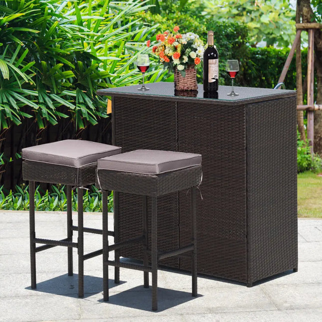 3 Pieces Patio Rattan Wicker Bar Table Stools Dining Set-Gray & Off White - Gray & Off White - Patio Bar Furniture