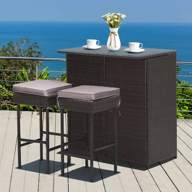 3 Pieces Patio Rattan Wicker Bar Table Stools Dining Set-Gray & Off White - Gray & Off White - Patio Bar Furniture