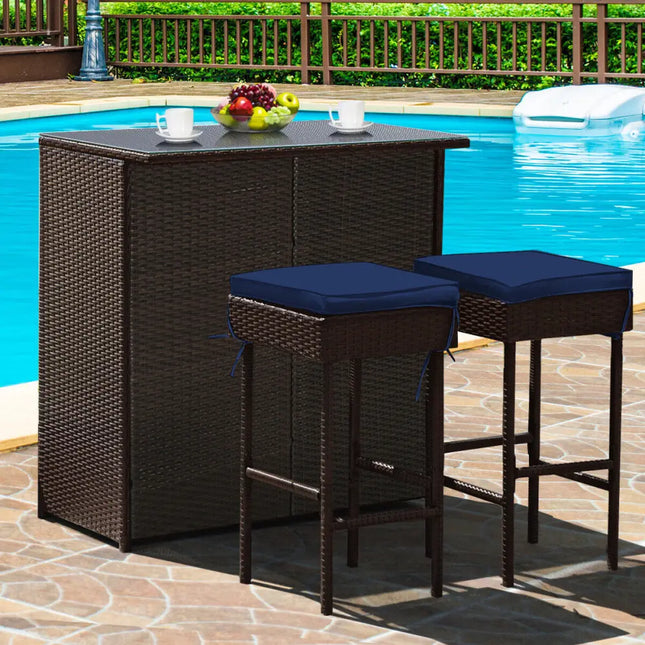 3 Pieces Patio Rattan Wicker Bar Table Stools Dining Set-Navy & Off White - White - Patio Bar Furniture
