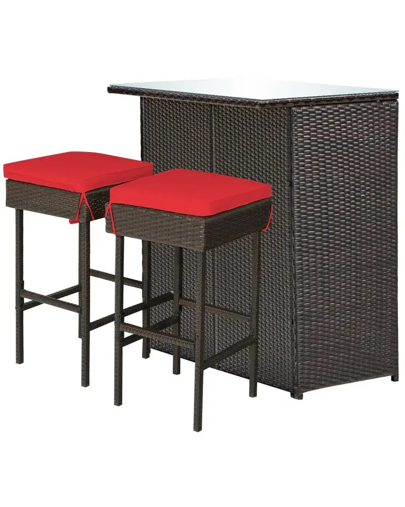 3 Pieces Patio Rattan Wicker Bar Table Stools Dining Set-Red - Red - Patio Bar Furniture