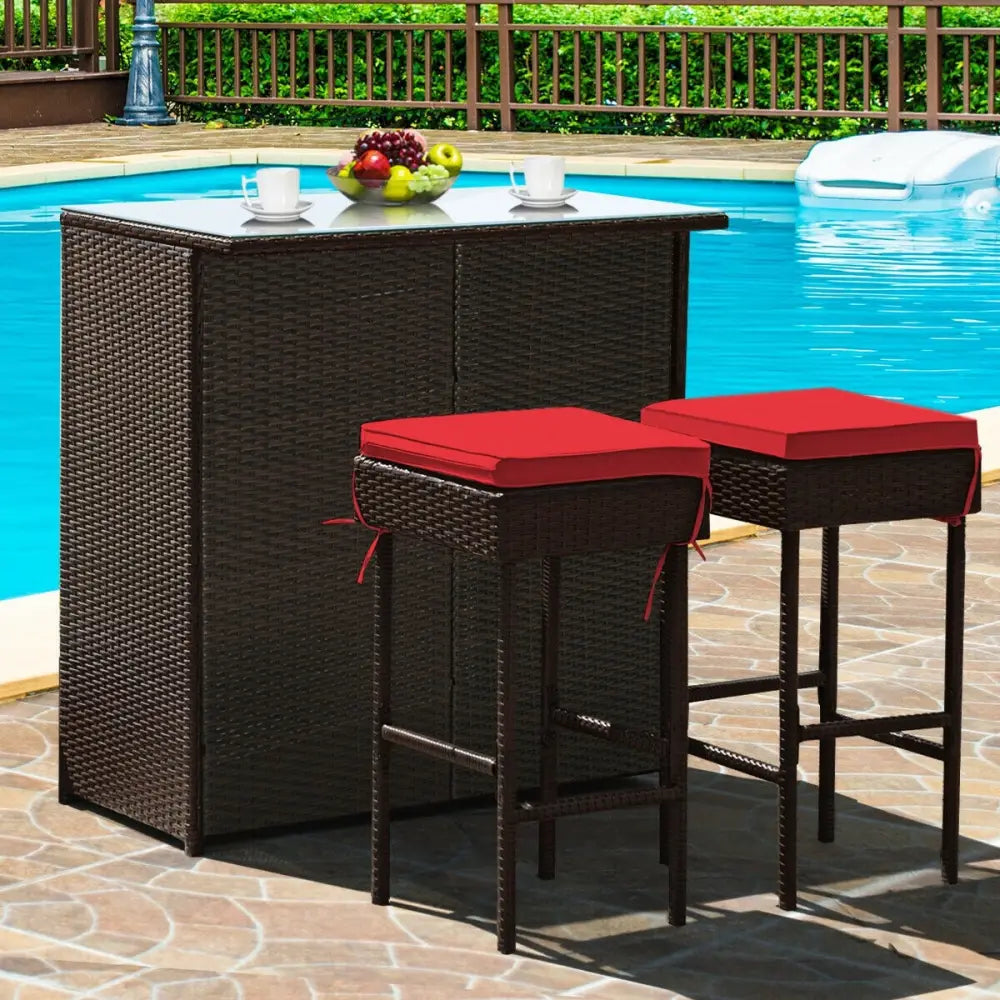 3 Pieces Patio Rattan Wicker Bar Table Stools Dining Set-Red - Red - Patio Bar Furniture