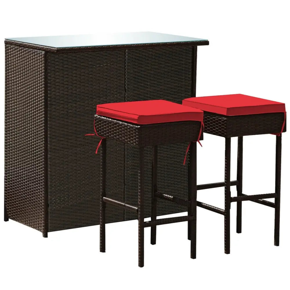 3 Pieces Patio Rattan Wicker Bar Table Stools Dining Set-Red - Red - Patio Bar Furniture