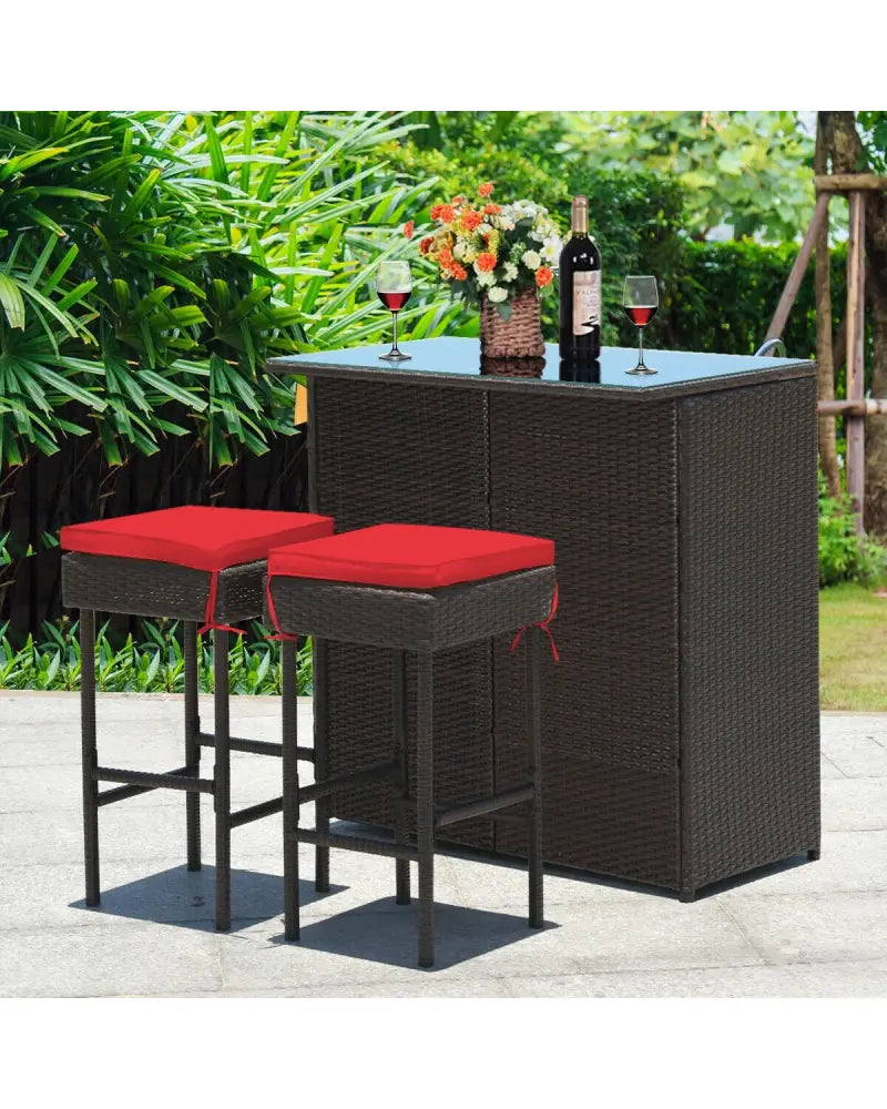 3 Pieces Patio Rattan Wicker Bar Table Stools Dining Set-Red - Red - Patio Bar Furniture
