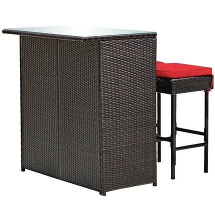 3 Pieces Patio Rattan Wicker Bar Table Stools Dining Set-Red - Red - Patio Bar Furniture