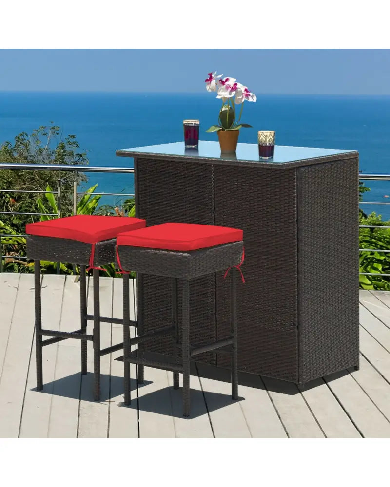 3 Pieces Patio Rattan Wicker Bar Table Stools Dining Set-Red - Red - Patio Bar Furniture