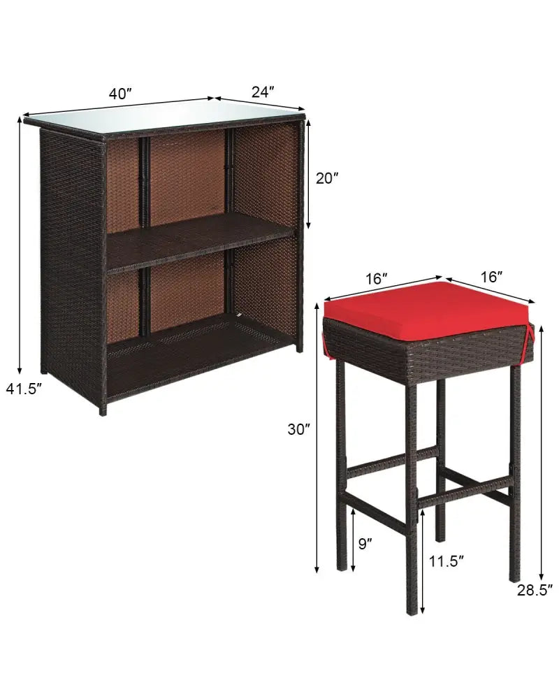 3 Pieces Patio Rattan Wicker Bar Table Stools Dining Set-Red - Red - Patio Bar Furniture