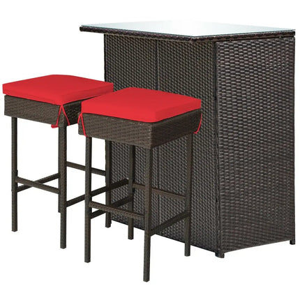 3 Pieces Patio Rattan Wicker Bar Table Stools Dining Set-Red - Red - Patio Bar Furniture