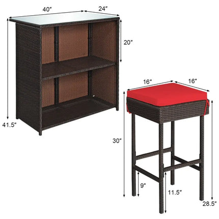 3 Pieces Patio Rattan Wicker Bar Table Stools Dining Set-Red - Red - Patio Bar Furniture