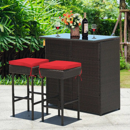 3 Pieces Patio Rattan Wicker Bar Table Stools Dining Set-Red - Red - Patio Bar Furniture