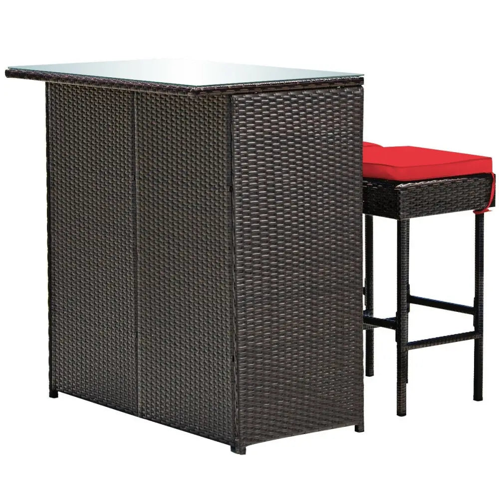 3 Pieces Patio Rattan Wicker Bar Table Stools Dining Set-Red - Red - Patio Bar Furniture