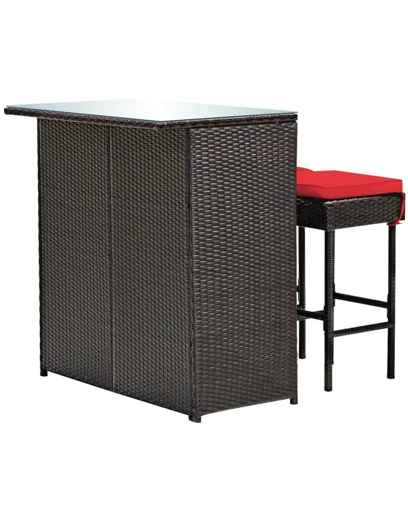 3 Pieces Patio Rattan Wicker Bar Table Stools Dining Set-Red - Red - Patio Bar Furniture