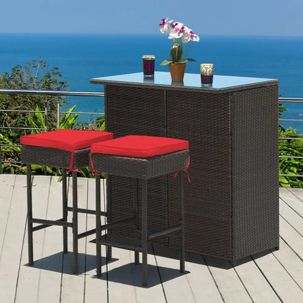 3 Pieces Patio Rattan Wicker Bar Table Stools Dining Set-Red - Red - Patio Bar Furniture
