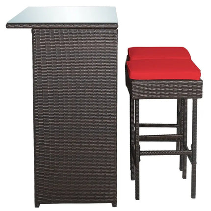 3 Pieces Patio Rattan Wicker Bar Table Stools Dining Set-Red - Red - Patio Bar Furniture