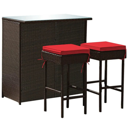 3 Pieces Patio Rattan Wicker Bar Table Stools Dining Set-Red - Red - Patio Bar Furniture