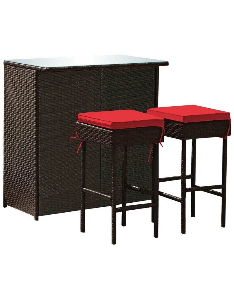3 Pieces Patio Rattan Wicker Bar Table Stools Dining Set-Red - Red - Patio Bar Furniture