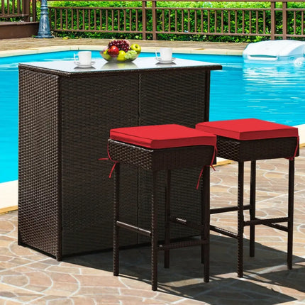 3 Pieces Patio Rattan Wicker Bar Table Stools Dining Set-Red - Red - Patio Bar Furniture