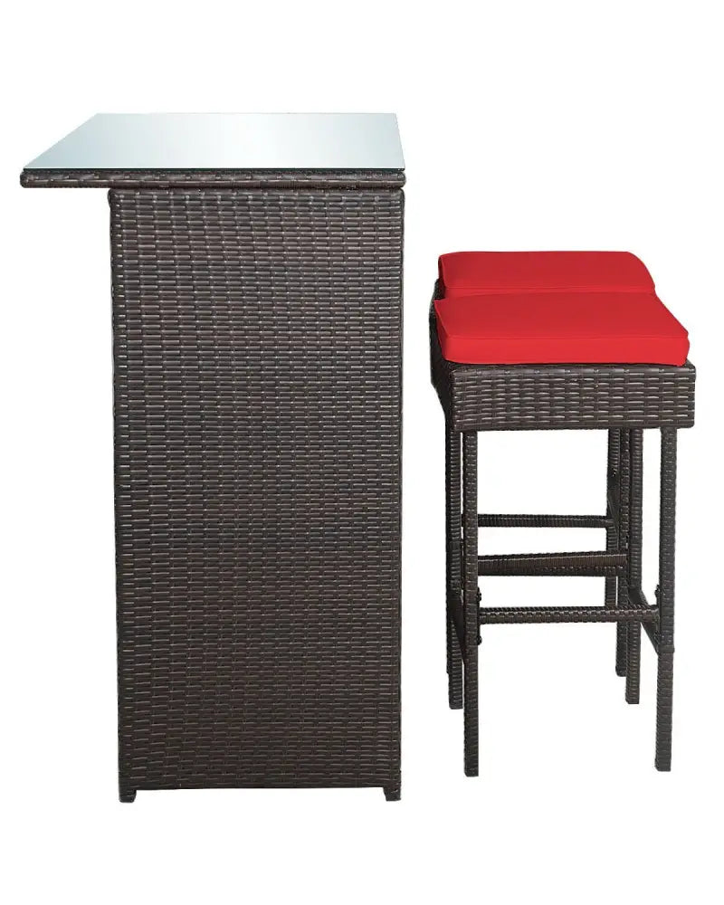 3 Pieces Patio Rattan Wicker Bar Table Stools Dining Set-Red - Red - Patio Bar Furniture