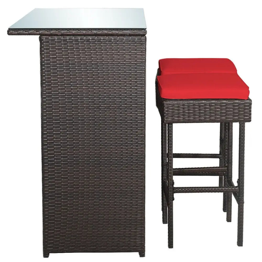 3 Pieces Patio Rattan Wicker Bar Table Stools Dining Set-Red - Red - Patio Bar Furniture