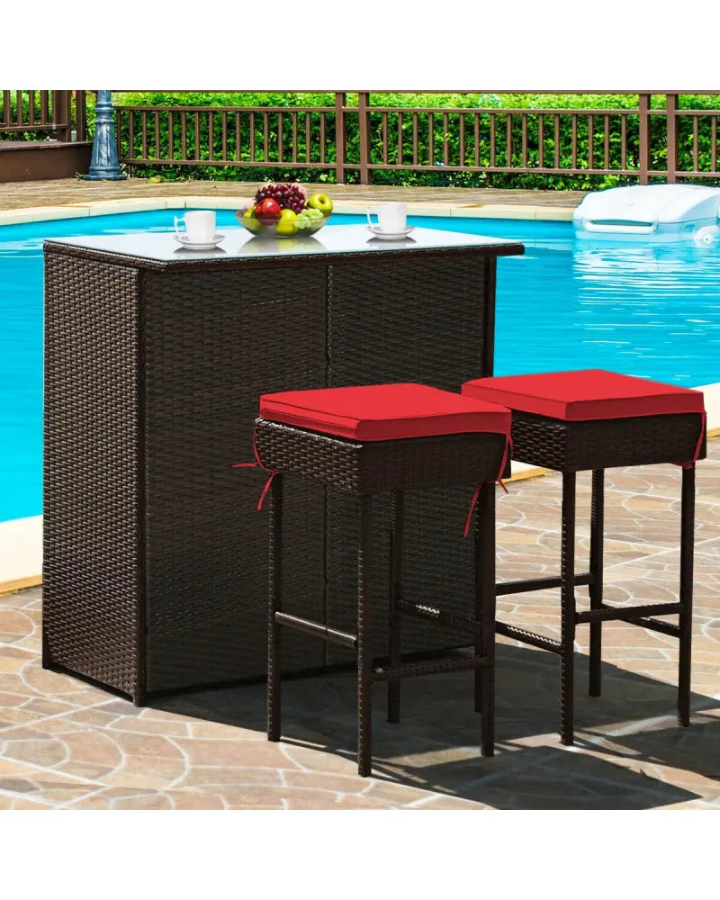 3 Pieces Patio Rattan Wicker Bar Table Stools Dining Set-Red - Red - Patio Bar Furniture