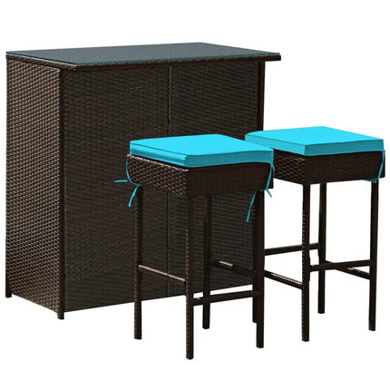 3 Pieces Patio Rattan Wicker Bar Table Stools Dining Set-Turquoise - Turquoise - Patio Bar Furniture